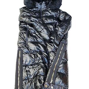 Ochnik Ultra Light Metallic Black Side Zip Slits Long Puffer Coat Sz M/L - EC